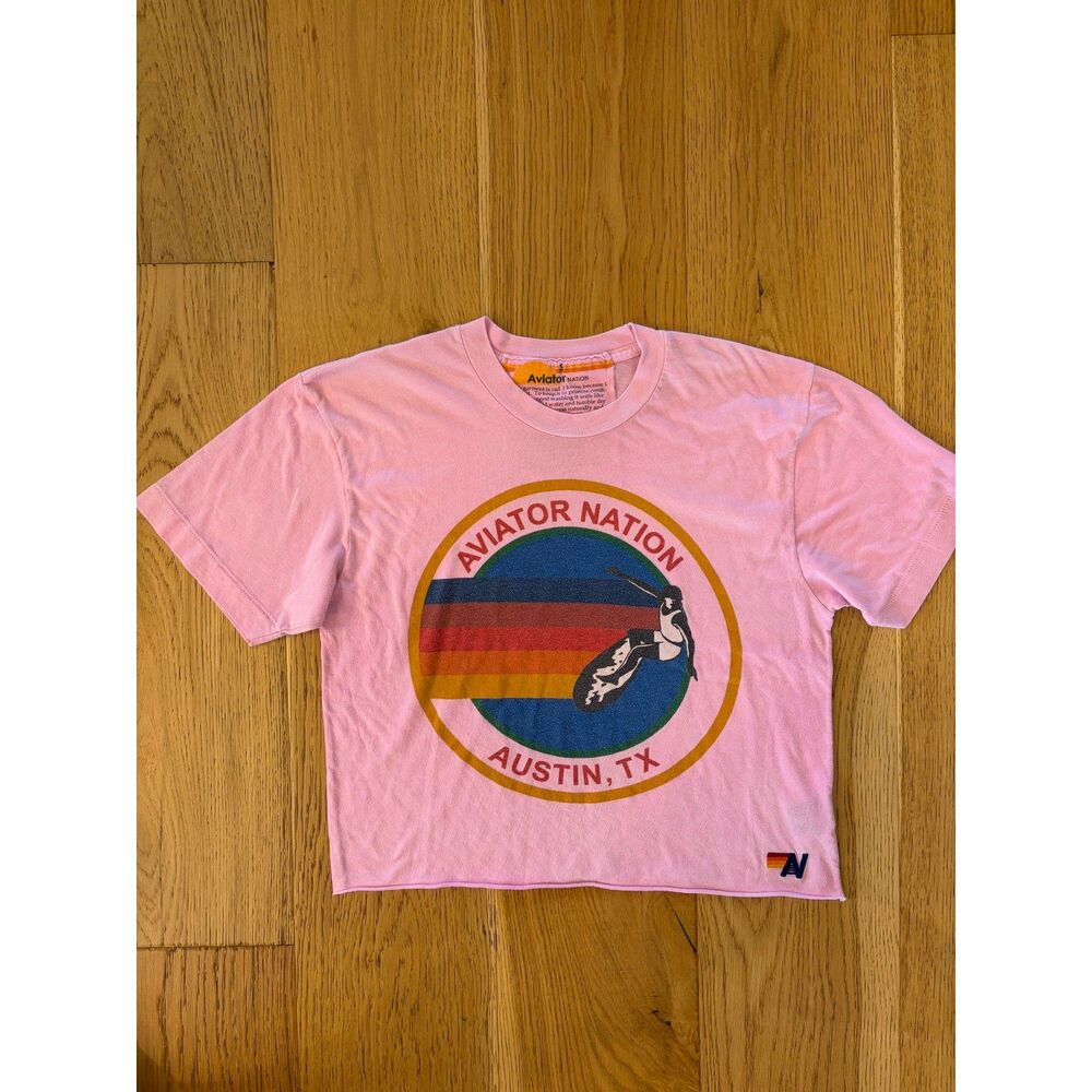 Women's Aviator Nation Shirt Small Pink Austin TX Surf Graphic Crew Crop USA